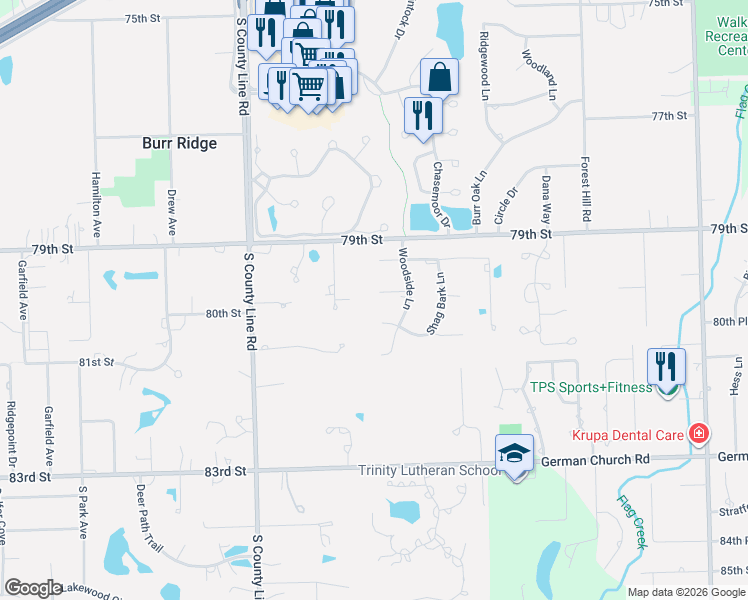 map of restaurants, bars, coffee shops, grocery stores, and more near 11782 Shag Bark Court in Burr Ridge