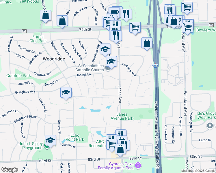 map of restaurants, bars, coffee shops, grocery stores, and more near 2449 Evergreen Lane in Woodridge