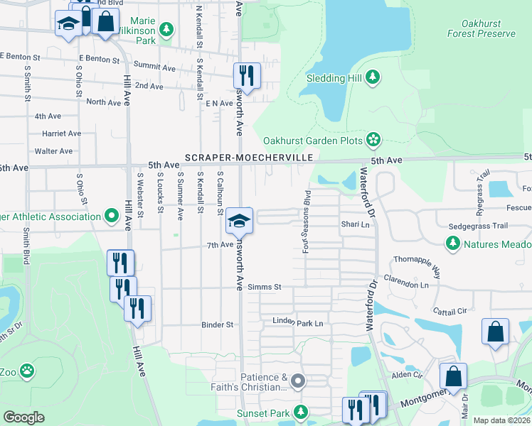 map of restaurants, bars, coffee shops, grocery stores, and more near 1605 Victoria Park Circle in Aurora