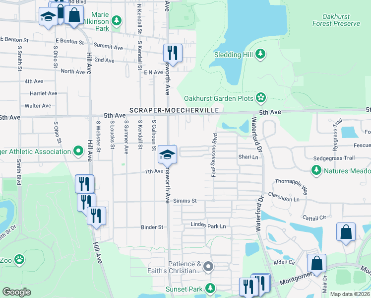map of restaurants, bars, coffee shops, grocery stores, and more near 1605 Victoria Park Circle in Aurora
