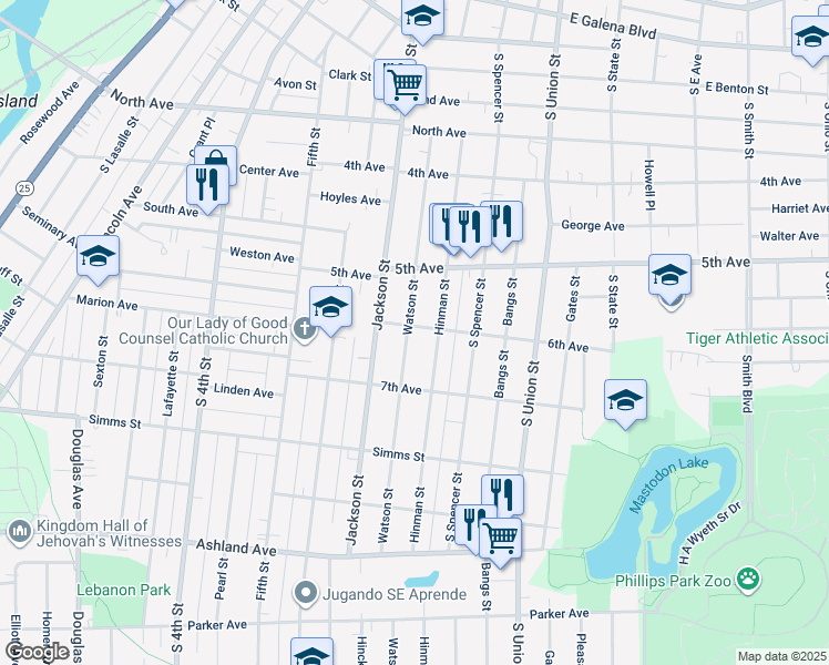 map of restaurants, bars, coffee shops, grocery stores, and more near 613 Hinman Street in Aurora
