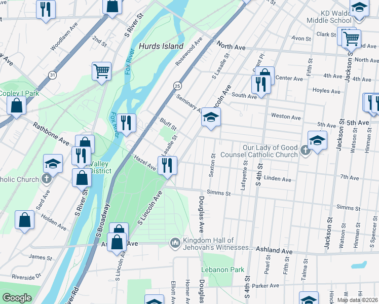 map of restaurants, bars, coffee shops, grocery stores, and more near 636 South Lincoln Avenue in Aurora