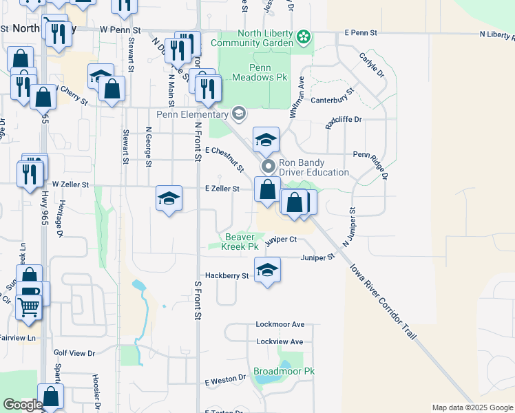 map of restaurants, bars, coffee shops, grocery stores, and more near 250 South Chestnut Street in North Liberty