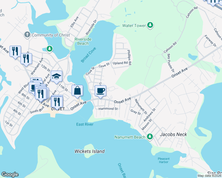 map of restaurants, bars, coffee shops, grocery stores, and more near 13 Carleton Street in Wareham