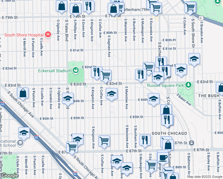 map of restaurants, bars, coffee shops, grocery stores, and more near 8335 South Saginaw Avenue in Chicago