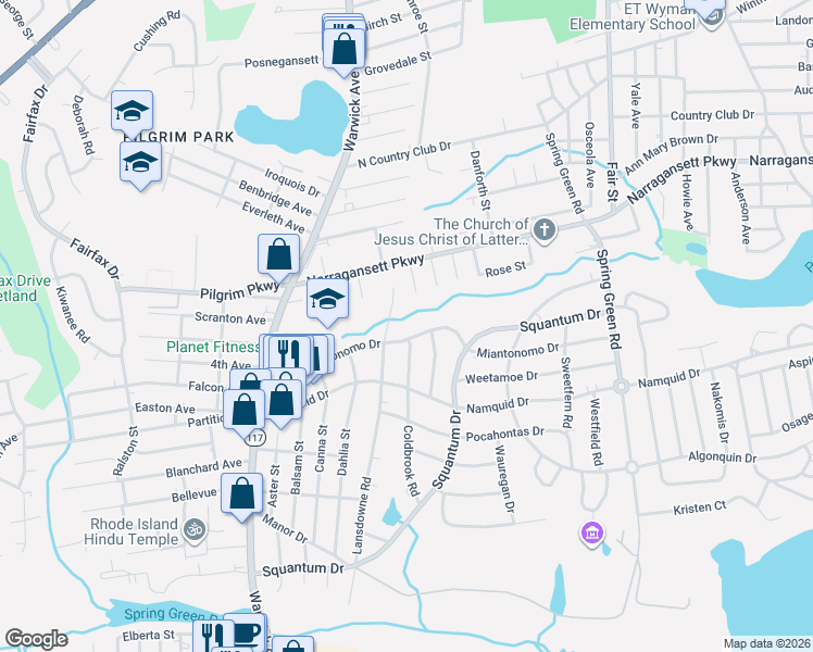 map of restaurants, bars, coffee shops, grocery stores, and more near 224 Miantonomo Drive in Warwick