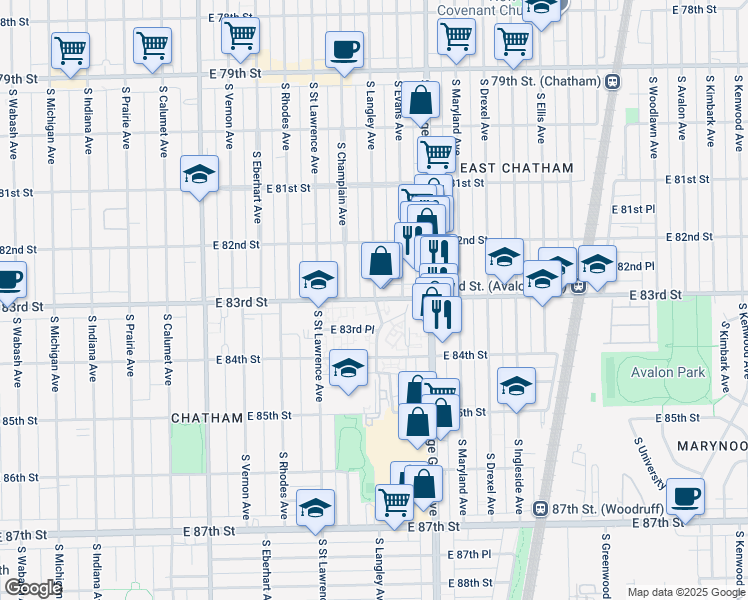 map of restaurants, bars, coffee shops, grocery stores, and more near E 83rd St & S Langley Ave in Chicago