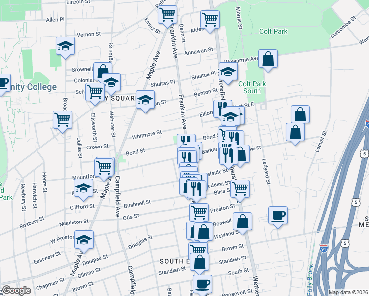 map of restaurants, bars, coffee shops, grocery stores, and more near in Hartford