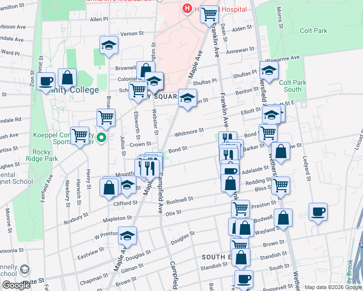 map of restaurants, bars, coffee shops, grocery stores, and more near 168 Bond Street in Hartford