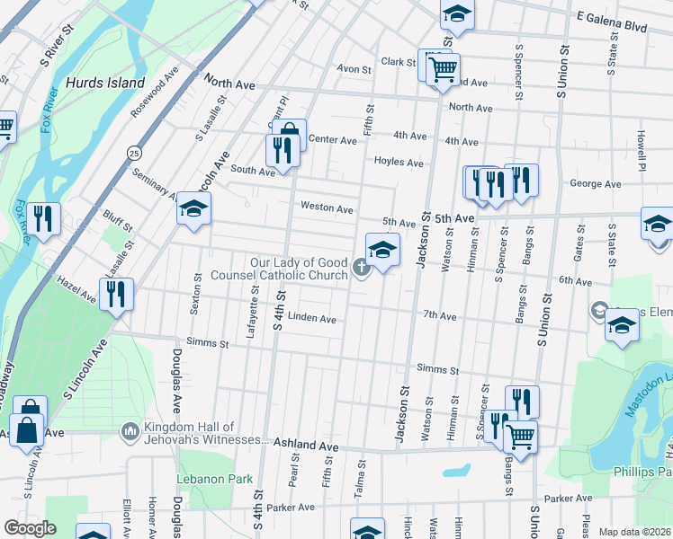 map of restaurants, bars, coffee shops, grocery stores, and more near 460 Maple Avenue in Aurora