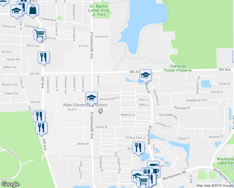 map of restaurants, bars, coffee shops, grocery stores, and more near 1671 Victoria Park Circle in Aurora