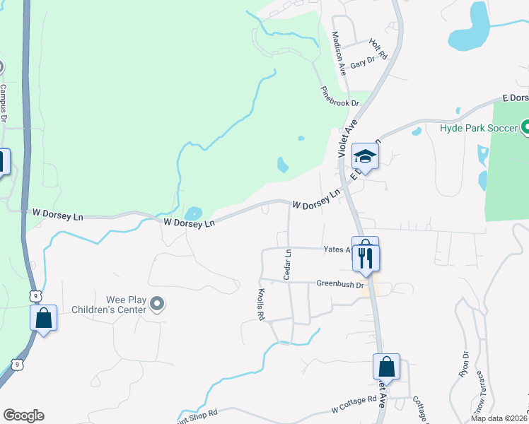 map of restaurants, bars, coffee shops, grocery stores, and more near 58 West Dorsey Lane in Hyde Park