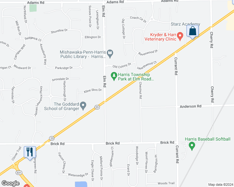 map of restaurants, bars, coffee shops, grocery stores, and more near 13952 Edwardsburg Highway in Granger