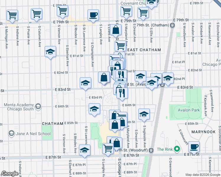 map of restaurants, bars, coffee shops, grocery stores, and more near E 83rd St & S Evans Ave in Chicago