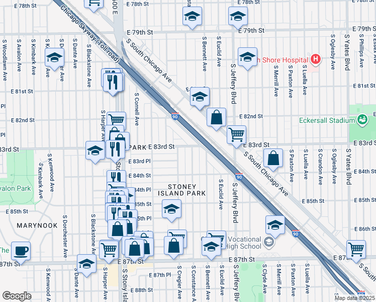 map of restaurants, bars, coffee shops, grocery stores, and more near 8325 South Cregier Avenue in Chicago