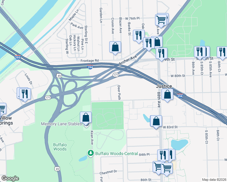 map of restaurants, bars, coffee shops, grocery stores, and more near 8038 Deer Path in Justice