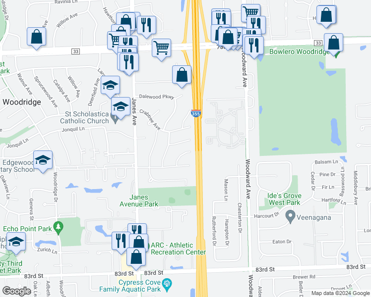 map of restaurants, bars, coffee shops, grocery stores, and more near 2219 Hiawatha Court in Woodridge
