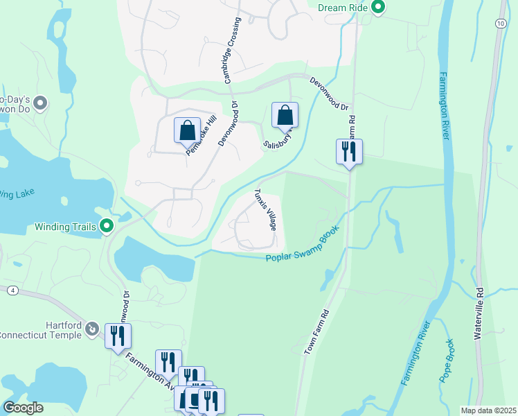 map of restaurants, bars, coffee shops, grocery stores, and more near 152 Tunxis Village in Farmington