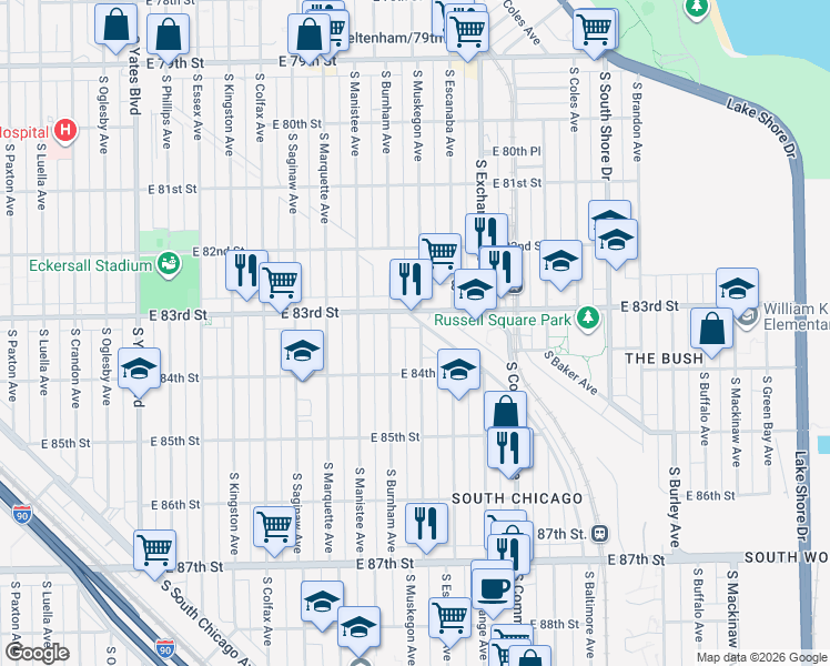map of restaurants, bars, coffee shops, grocery stores, and more near 8339 South Muskegon Avenue in Chicago