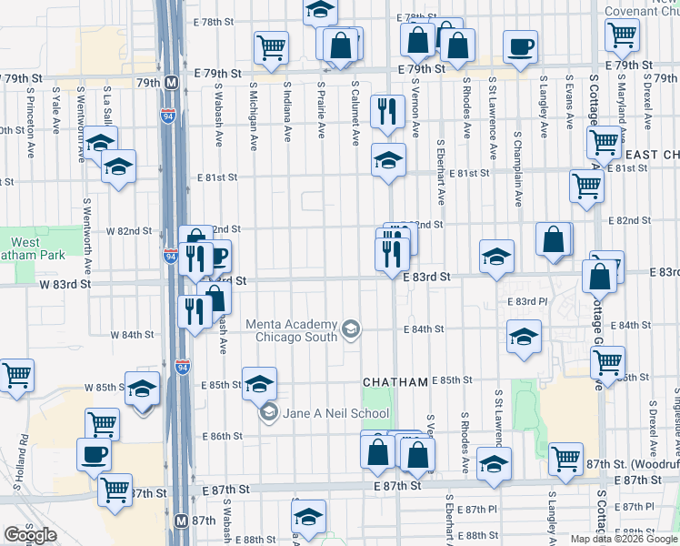 map of restaurants, bars, coffee shops, grocery stores, and more near 8308 South Calumet Avenue in Chicago