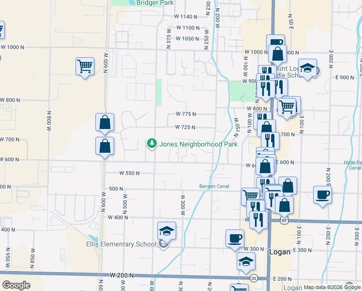 map of restaurants, bars, coffee shops, grocery stores, and more near 299 West 600 North in Logan