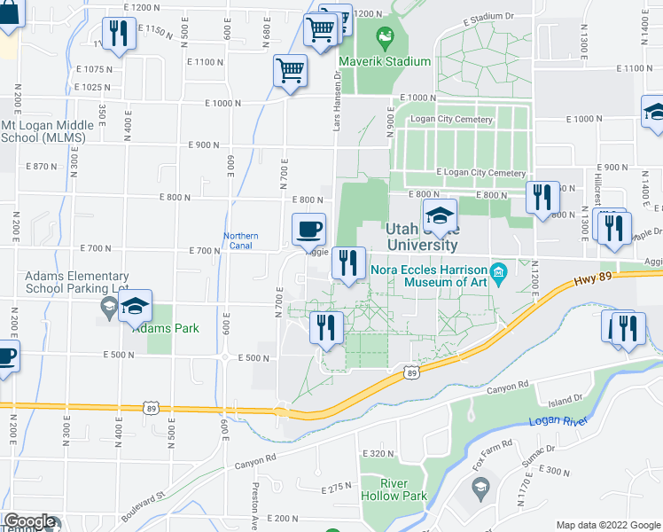 map of restaurants, bars, coffee shops, grocery stores, and more near 668 North 800 East in Logan