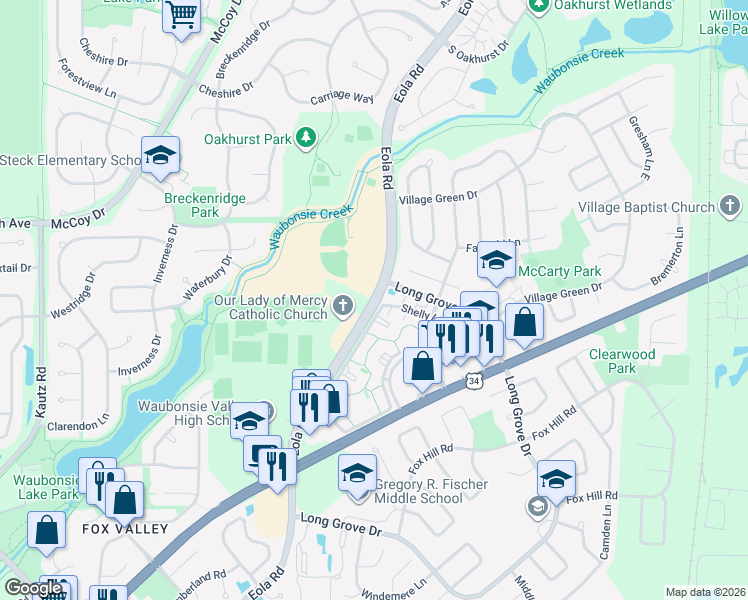 map of restaurants, bars, coffee shops, grocery stores, and more near 713 South Eola Road in Aurora