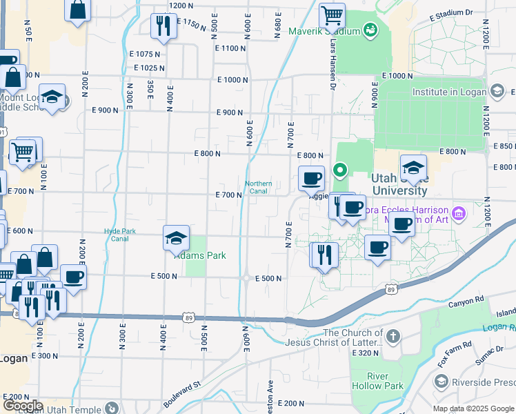 map of restaurants, bars, coffee shops, grocery stores, and more near 646 600 East in Logan
