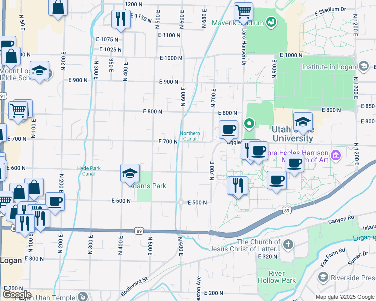 map of restaurants, bars, coffee shops, grocery stores, and more near 646 600 East in Logan