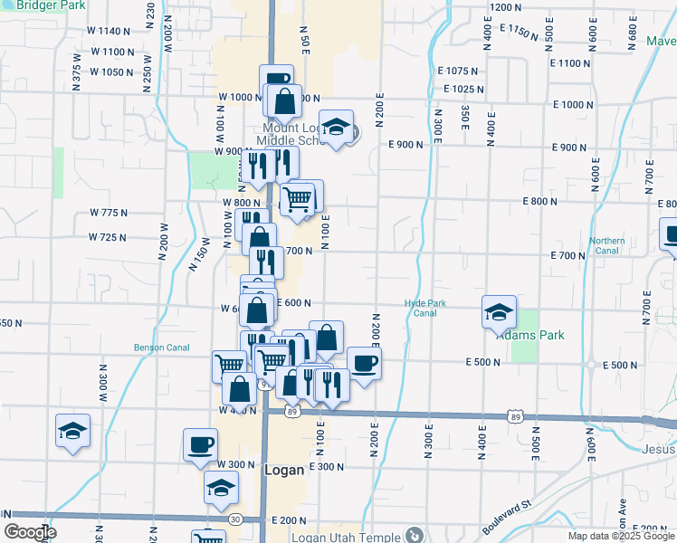 map of restaurants, bars, coffee shops, grocery stores, and more near 145 East 600 North in Logan