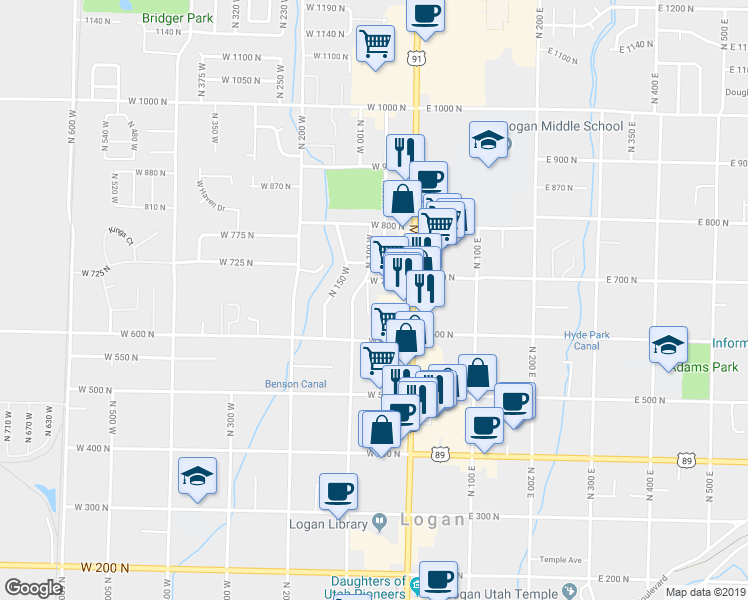 map of restaurants, bars, coffee shops, grocery stores, and more near 650 North 100 West in Logan