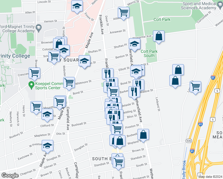 map of restaurants, bars, coffee shops, grocery stores, and more near in Hartford
