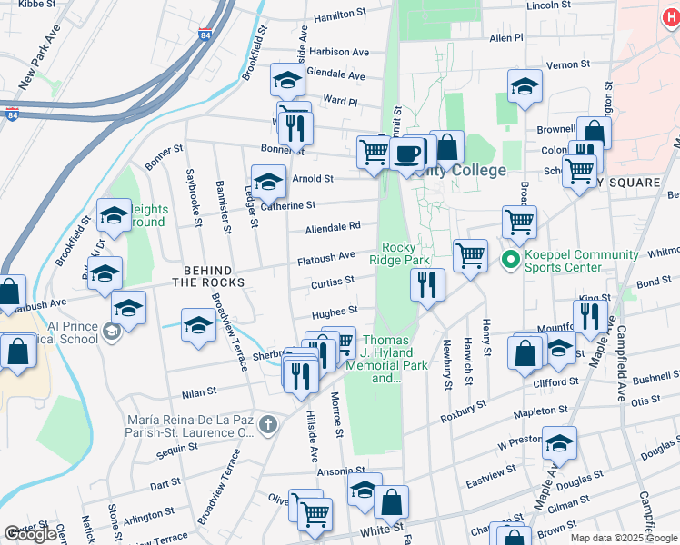 map of restaurants, bars, coffee shops, grocery stores, and more near 37 Curtiss Street in Hartford