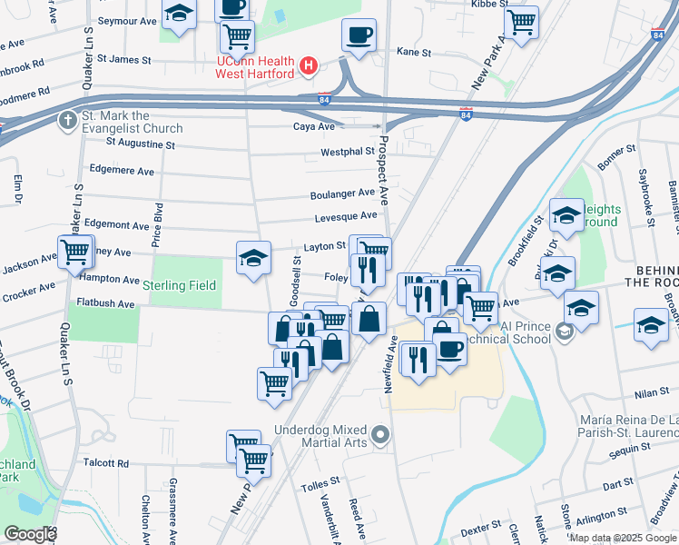 map of restaurants, bars, coffee shops, grocery stores, and more near 28 Ahern Street in West Hartford