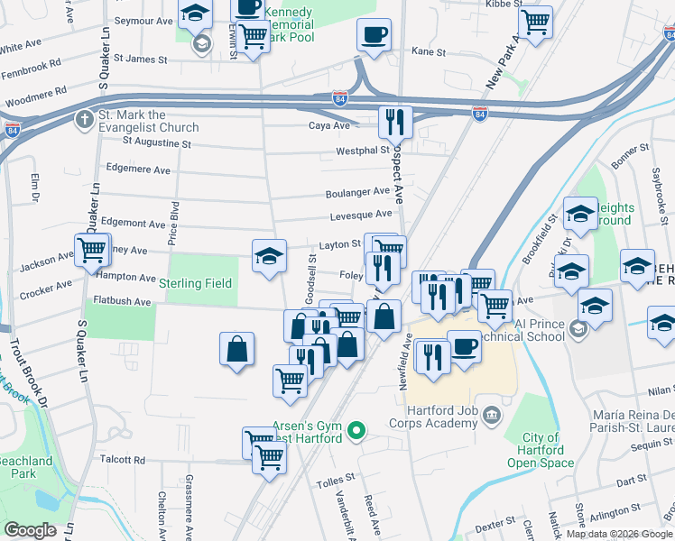 map of restaurants, bars, coffee shops, grocery stores, and more near 22 Selldan Street in West Hartford
