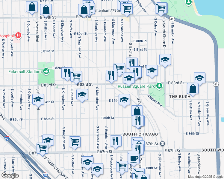 map of restaurants, bars, coffee shops, grocery stores, and more near 8339 South Muskegon Avenue in Chicago