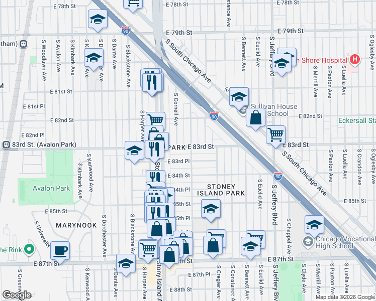 map of restaurants, bars, coffee shops, grocery stores, and more near 1646 East 83rd Place in Chicago