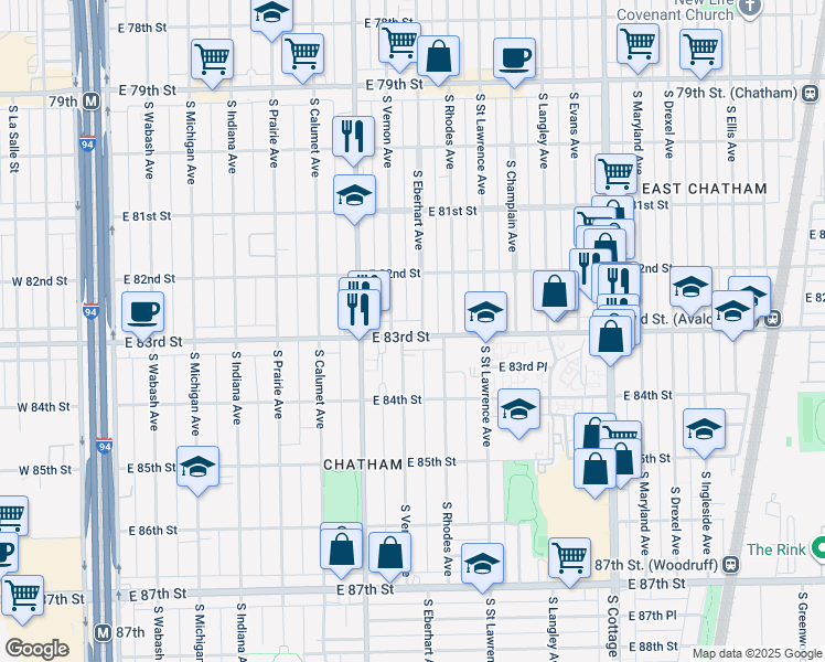 map of restaurants, bars, coffee shops, grocery stores, and more near 505 East 83rd Street in Chicago