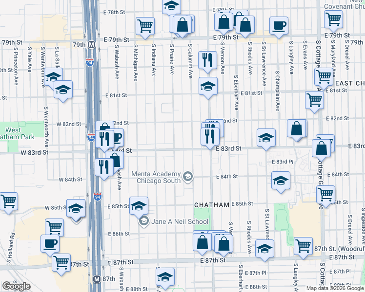 map of restaurants, bars, coffee shops, grocery stores, and more near 8308 South Calumet Avenue in Chicago