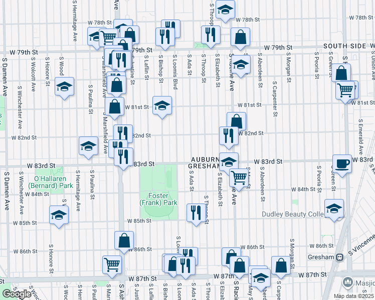 map of restaurants, bars, coffee shops, grocery stores, and more near 8251 South Ada Street in Chicago