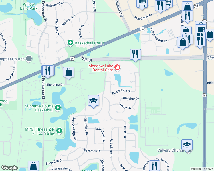 map of restaurants, bars, coffee shops, grocery stores, and more near 708 Meadowridge Drive in Aurora