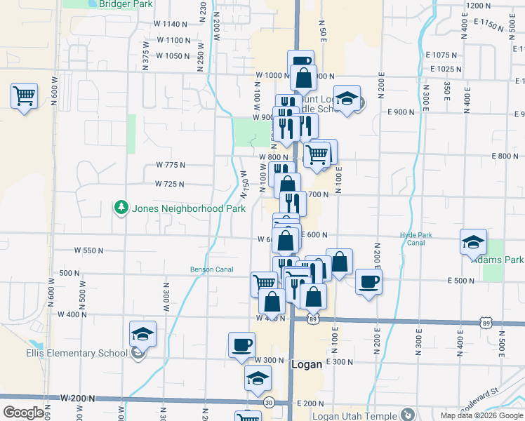 map of restaurants, bars, coffee shops, grocery stores, and more near 650 North 100 West in Logan