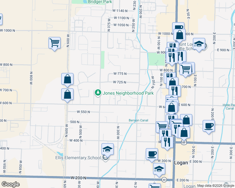 map of restaurants, bars, coffee shops, grocery stores, and more near 611 North 315 West in Logan