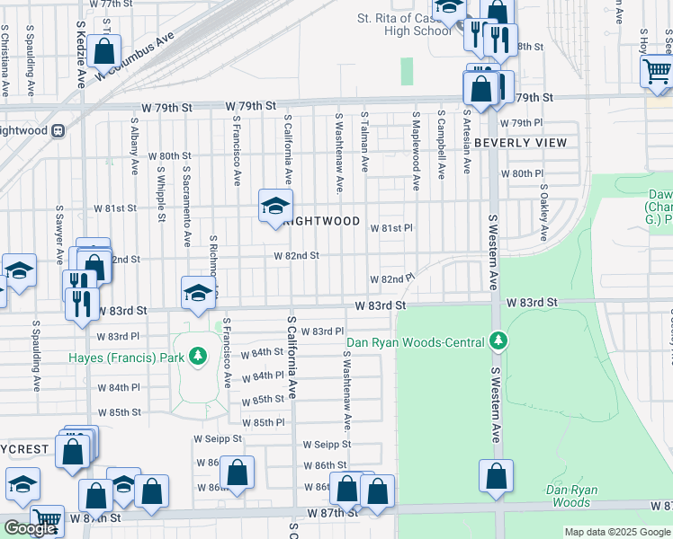 map of restaurants, bars, coffee shops, grocery stores, and more near 8214 South Washtenaw Avenue in Chicago