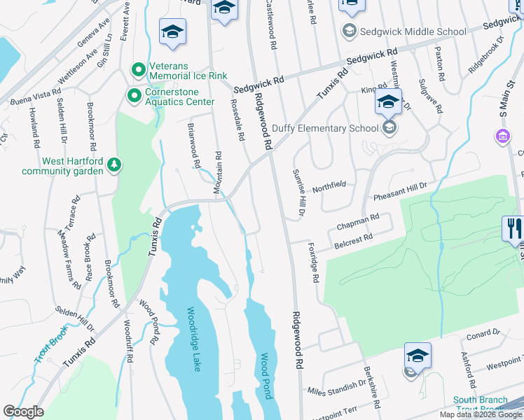 map of restaurants, bars, coffee shops, grocery stores, and more near 36 Fairwood Farms Drive in West Hartford