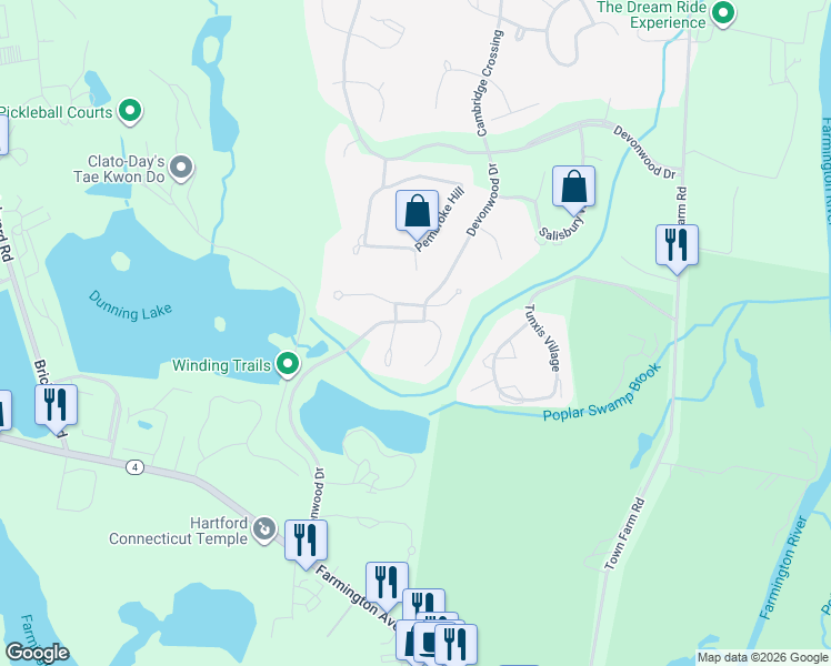 map of restaurants, bars, coffee shops, grocery stores, and more near 12 Glenmore Drive in Farmington