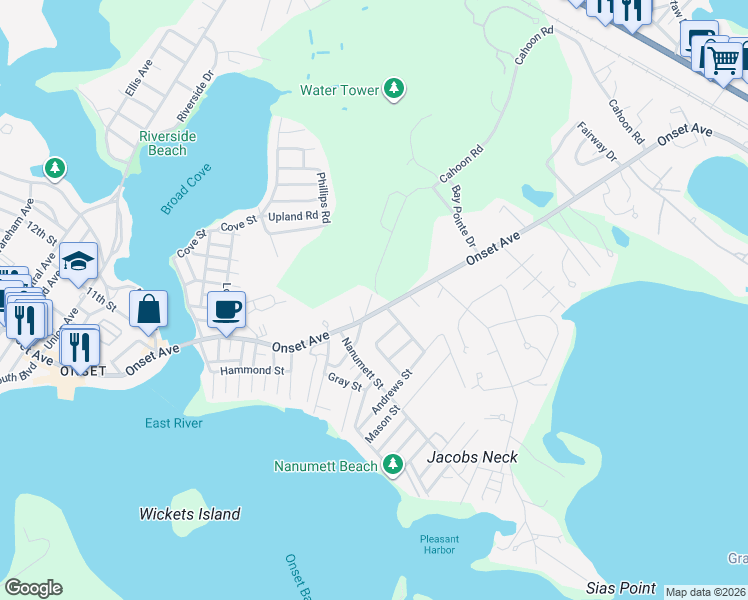 map of restaurants, bars, coffee shops, grocery stores, and more near 100 Onset Avenue in Wareham