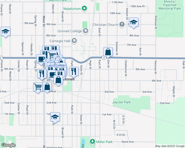 map of restaurants, bars, coffee shops, grocery stores, and more near 1125 4th Avenue in Grinnell