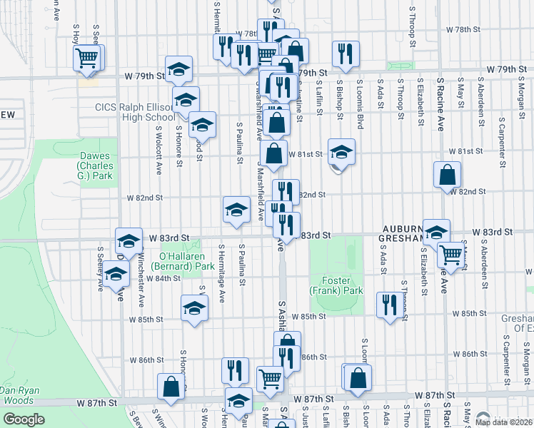 map of restaurants, bars, coffee shops, grocery stores, and more near 8248 South Marshfield Avenue in Chicago