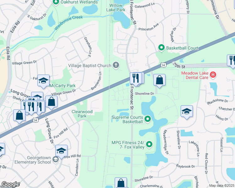 map of restaurants, bars, coffee shops, grocery stores, and more near 3388 Ravinia Circle in Aurora